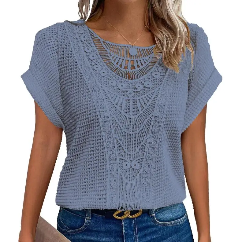 Pop Fashion Lace Stitching T-shirt For Women's Tops Summer Casual Round Neck Office Ladies Clothes Short-sleeved Loose Tees Wome