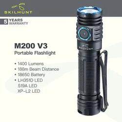 Skilhunt M200 V3 Portable LED Flashlight, 1400 Lumens,Magnetic Charging Port,Multi-level Dissipating Heat,High CRI,Constant Beam