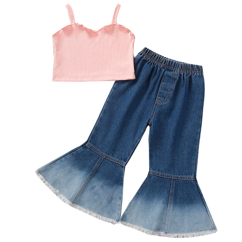 

2Piece Set Summer Toddler Girl Clothes Fashion Sleeveless Cotton Pink Cute Baby Tops+Flared Jeans Boutique Kid Clothing BC2454