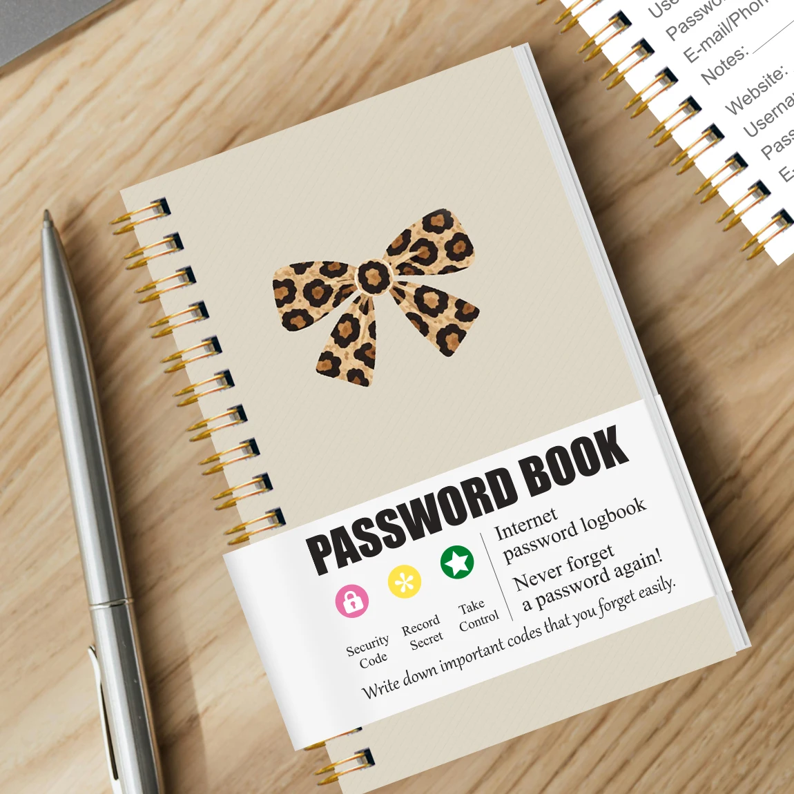 A6 Password Book with Leopard Bow Design, Spiral Bound Password Organizer, Address & Birthday Log Notebook