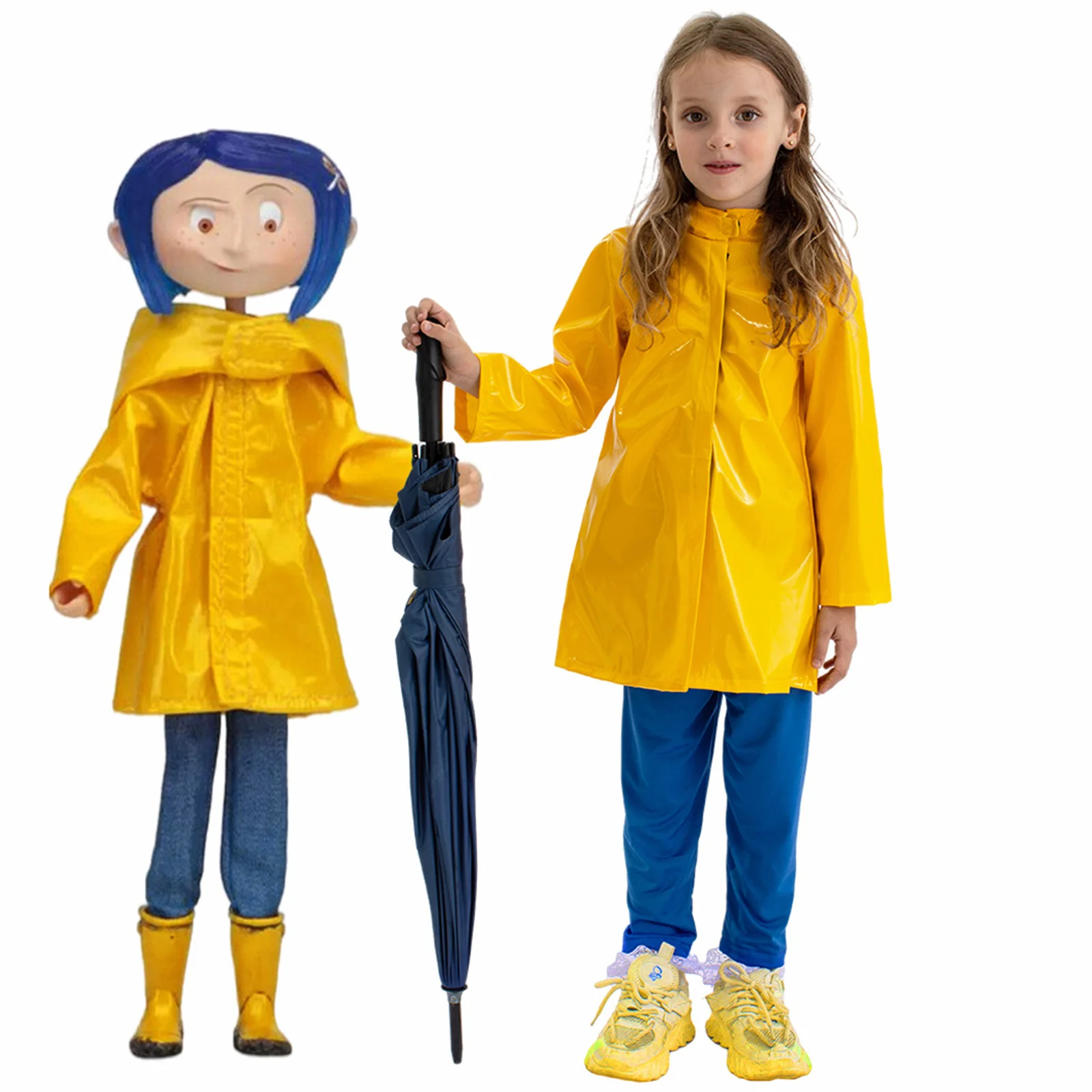 

Kids Movie Coralin Cosplay Costume Secret Door Coralin Suit Yellow Coat Blue Pants Halloween Party Carnival Roleplay Outfit