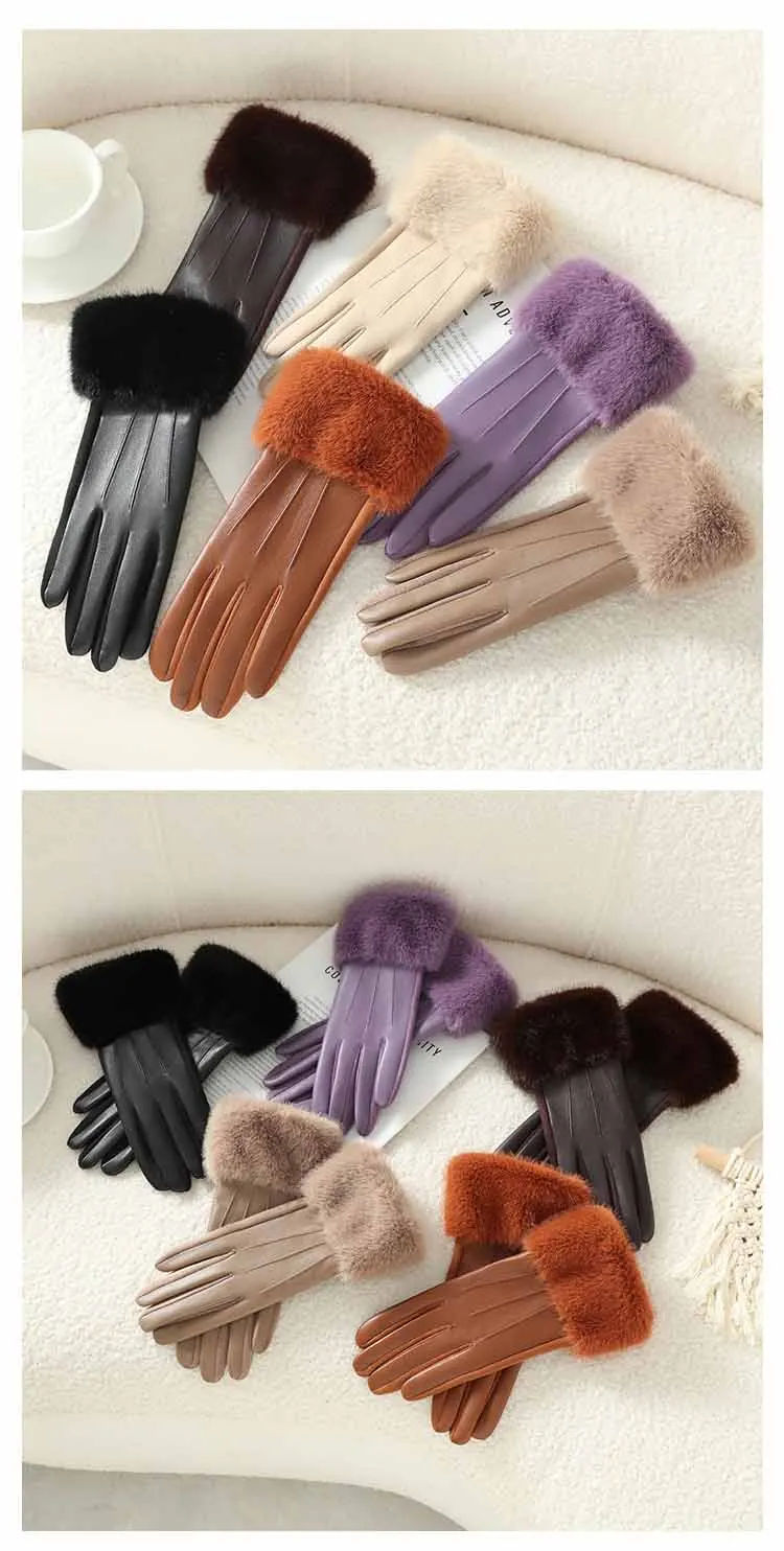 Winter Luxus frauen PU Leder Handschuhe Handgelenk Weiche Faux Pelz Trim Manschette Mode Elegante Party Warm Touch Screen Stick radfahren – Detail 2
