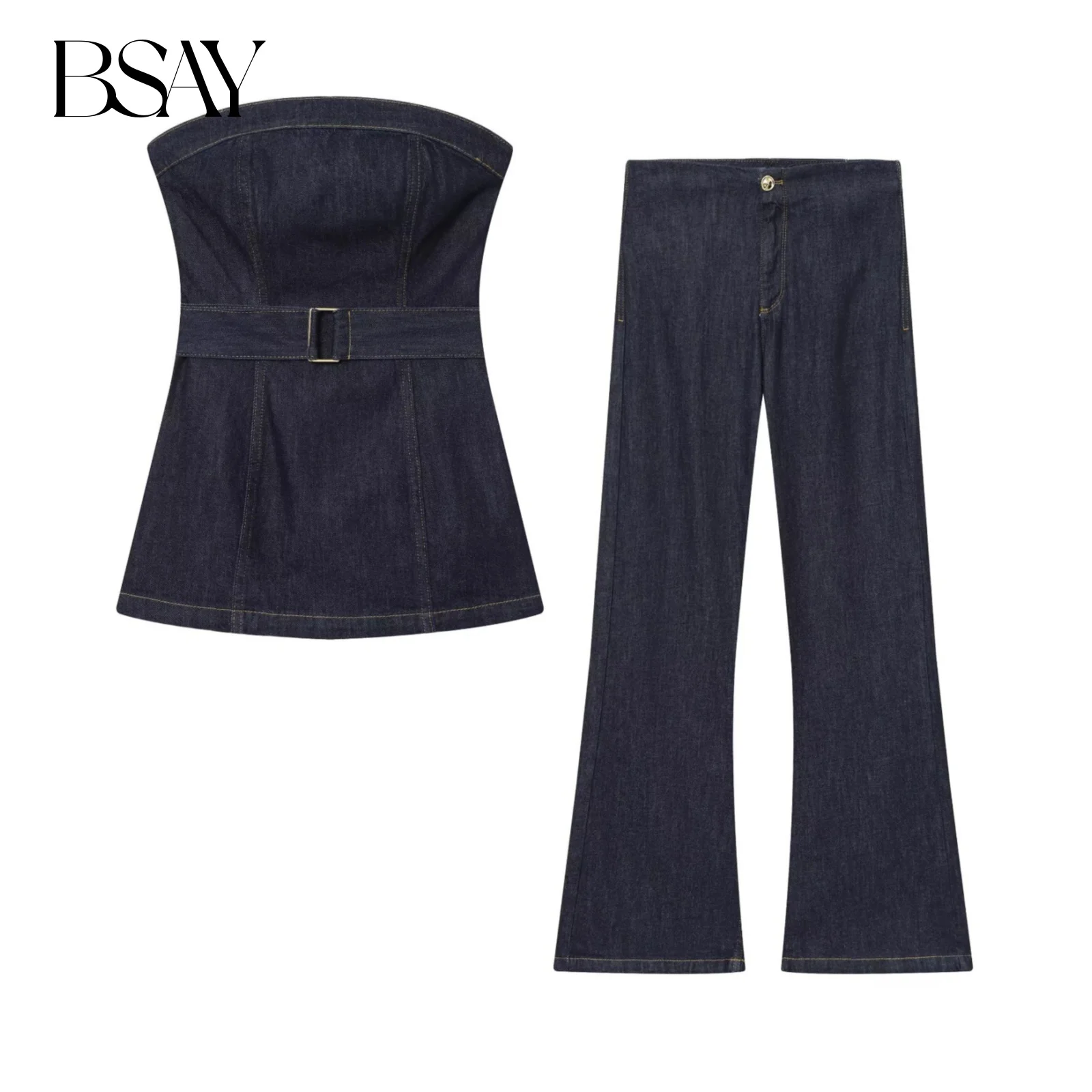 

BSAY женские брюки комплект из 2 предметов костюм осень 2025 уличная модная одежда шикарный женский джинсовый топ без бретелек широкие джинсы с высокой талией