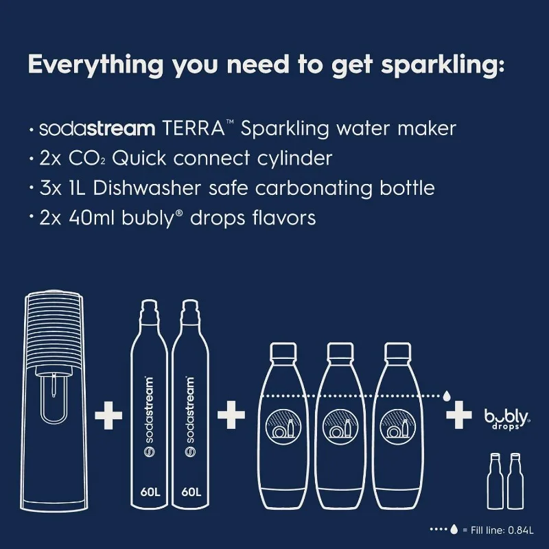 Terra Sparkling Water Maker, VALUE BUNDLE CQC CO2 system Includes 2x CO2 Cylinders, 3x 32 Fl Oz Dishwasher Safe Bottles