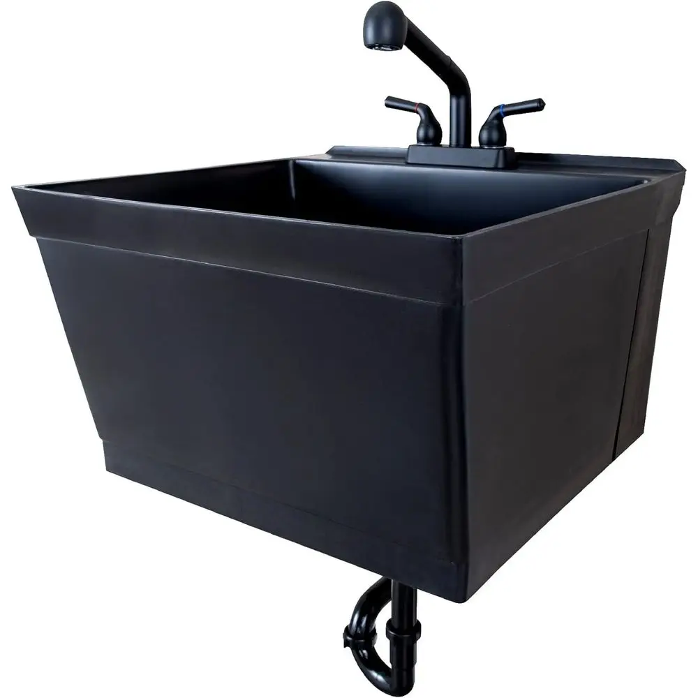 

Tehila Black Wall-Mounted Utility Sink Tub Kit with Matte Black Finish Pullout Faucet, Wall-Mounted Utility Tub with Wall Bracke