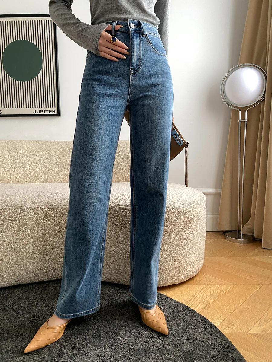 Autumn Classic Slim High Waist Straight Jeans Women Chic Cotton Blue Wide Leg Jeans Denim Pants