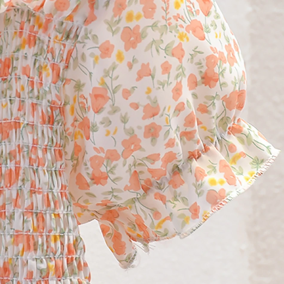 فستان بناتي صيفي مزين بالزهور 2025 فستان كاجوال لحفلات الأميرات بأكمام قصيرة وكشكشة خفيف الوزن وجيد التهوية للأطفال لملابس الأطفال