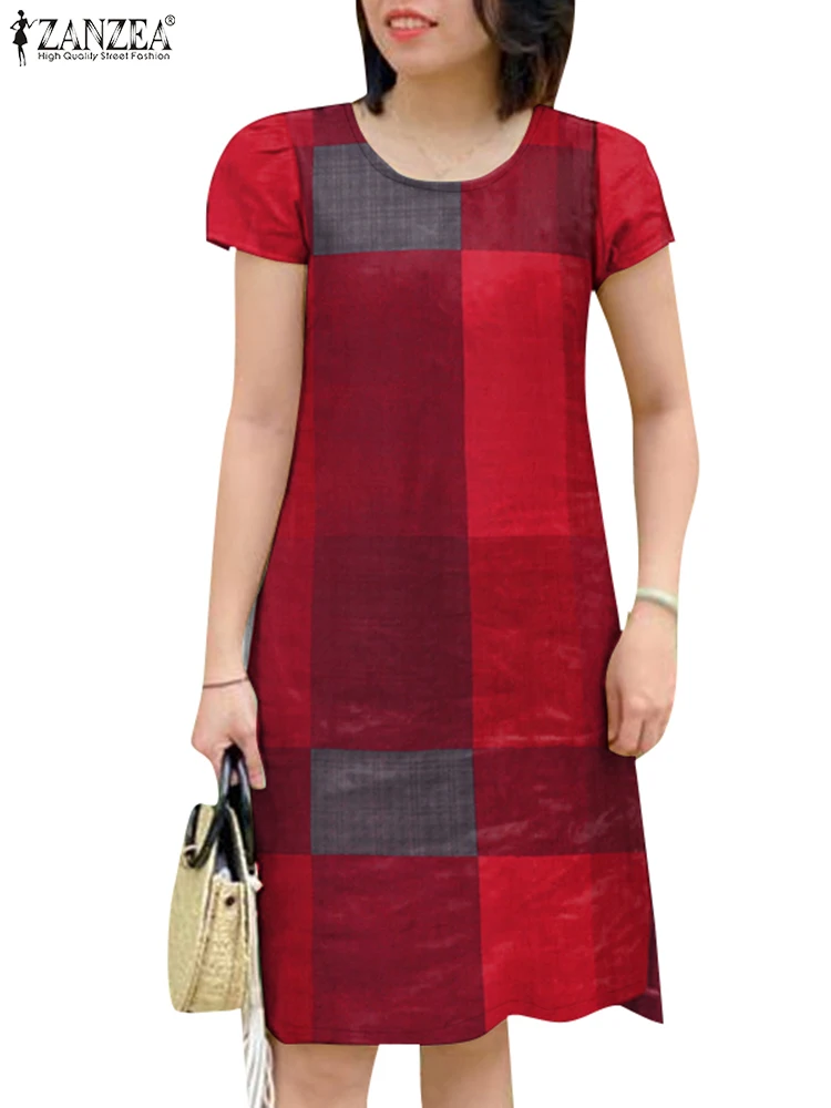 ZANZEA Abito da donna vintage a maniche corte scozzese a quadri 2025 Vestito estivo estivo Elegante O collo al ginocchio Abiti da lavoro Robe Femme