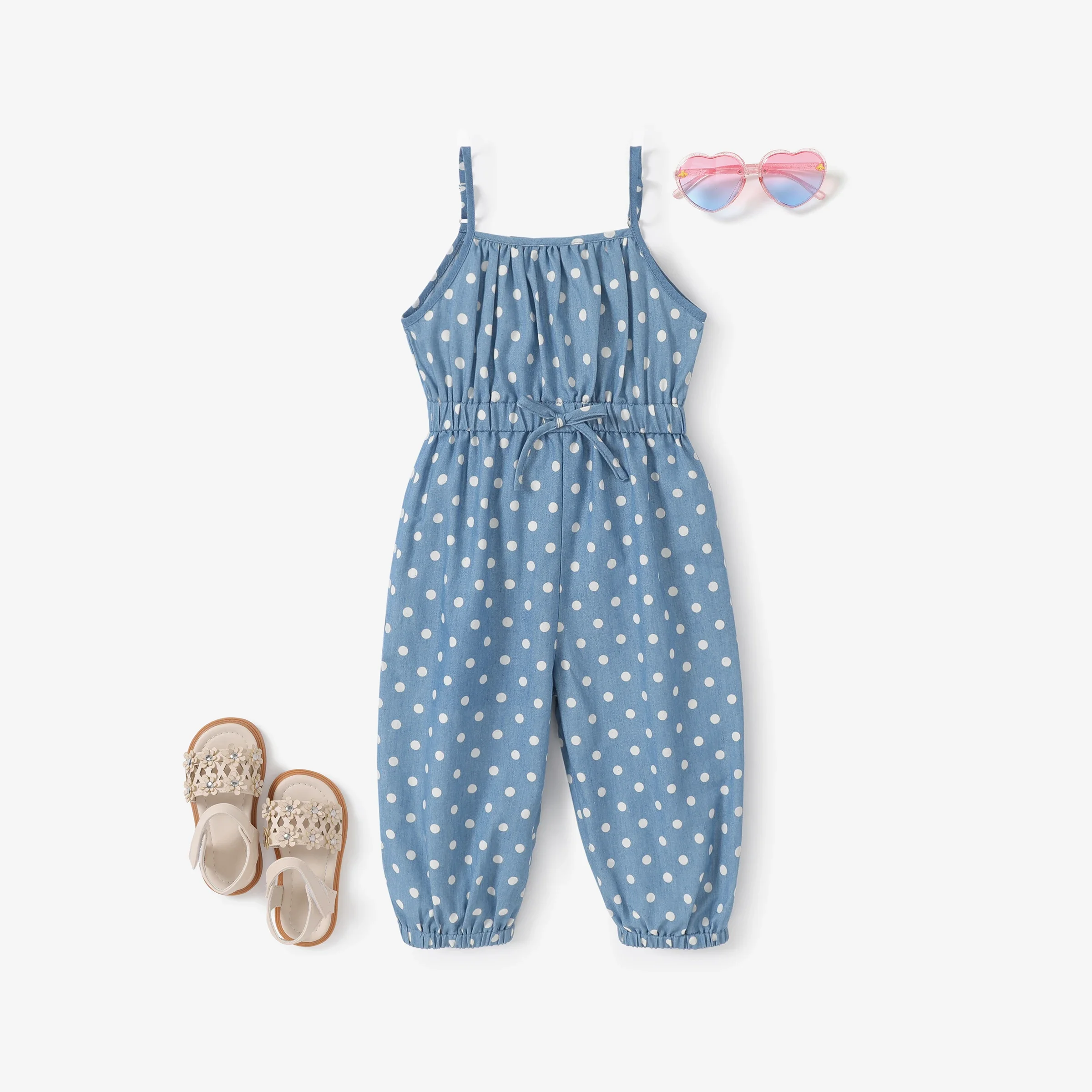 PatPat Toddler Girl Polka dots Bowknot Design Denim Cami Jumpsuits Perfect for Outings and Daily Wear Basic Style