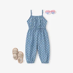 PatPat Toddler Girl Polka dots Bowknot Design Denim Cami Jumpsuits Perfect for Outings and Daily Wear Basic Style