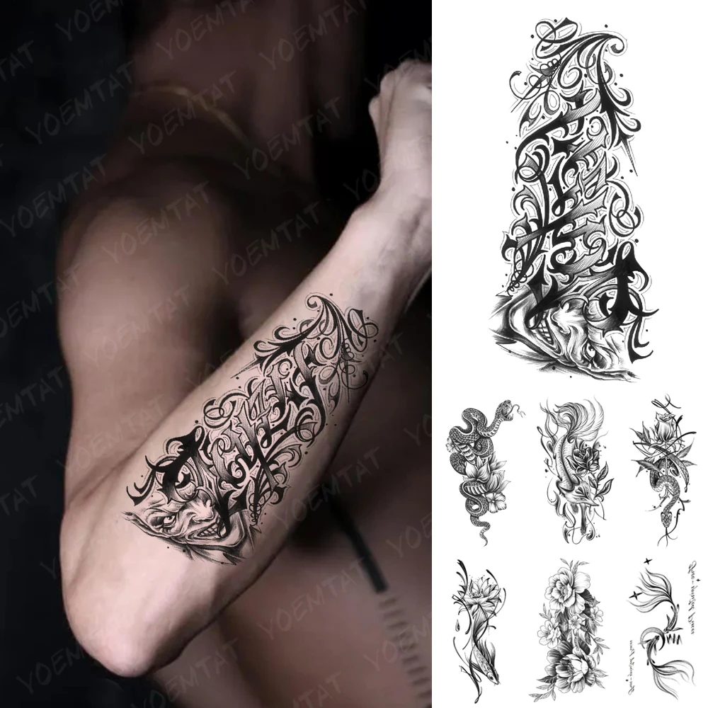 

Waterproof Temporary Tattoos Sticker Chicano Satan Demon Ghost Word Letter Text Women Men Tattoo Snake Arm Fake Tatoo Body Art