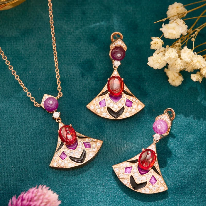 

Designer Style Earrings Necklace Women Lady Inlay Cubic Zircon Synthetic Ruby Enamel Fanshaped Plated Gold Color Jewelry Sets