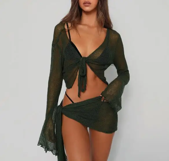 

Женский комплект из 2 предметов: Новинка лета 2026 – сексуальный топ с V-образным вырезом, шнуровкой и прозрачными рукавами-трубами, ультракороткая юбка на шнуровке