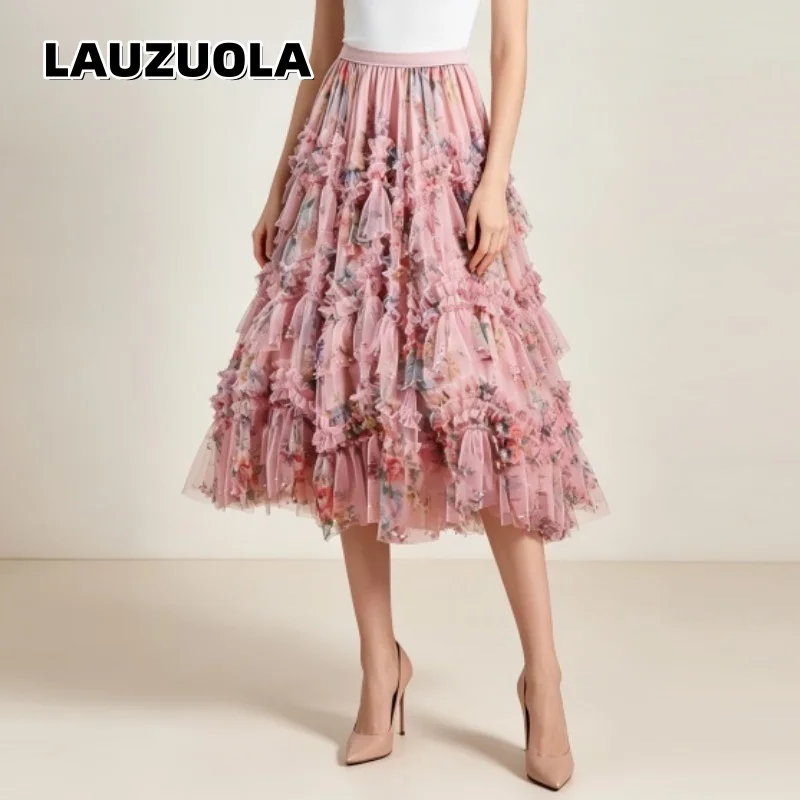 Women Pink Floral Print Tiered Ruffle Tulle Maxi Skirt Pearl Beaded Mesh Layered Swing Elastic High Waist Long Skirts