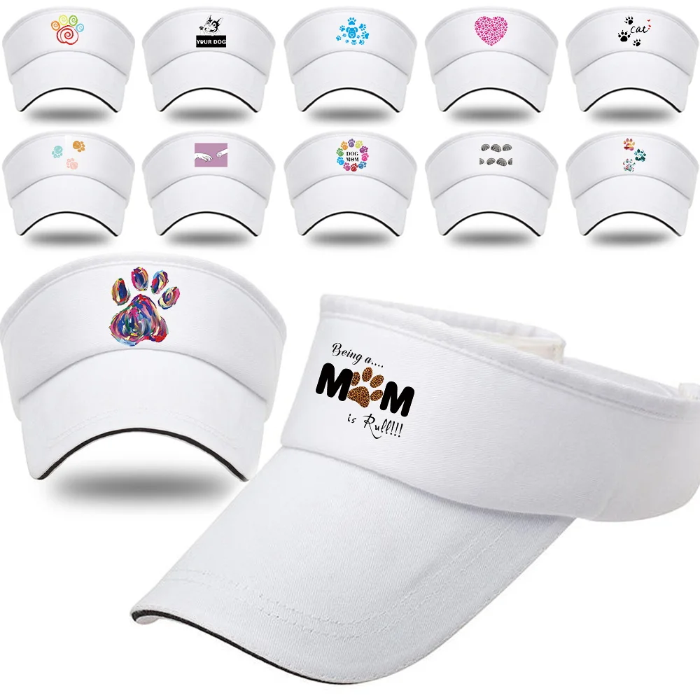 Women's Summer UV-proof Visors Caps White Cotton Empty Top Hat Outdoor Sunscreen Hats Footprints Print Adjustable Baseball Cap