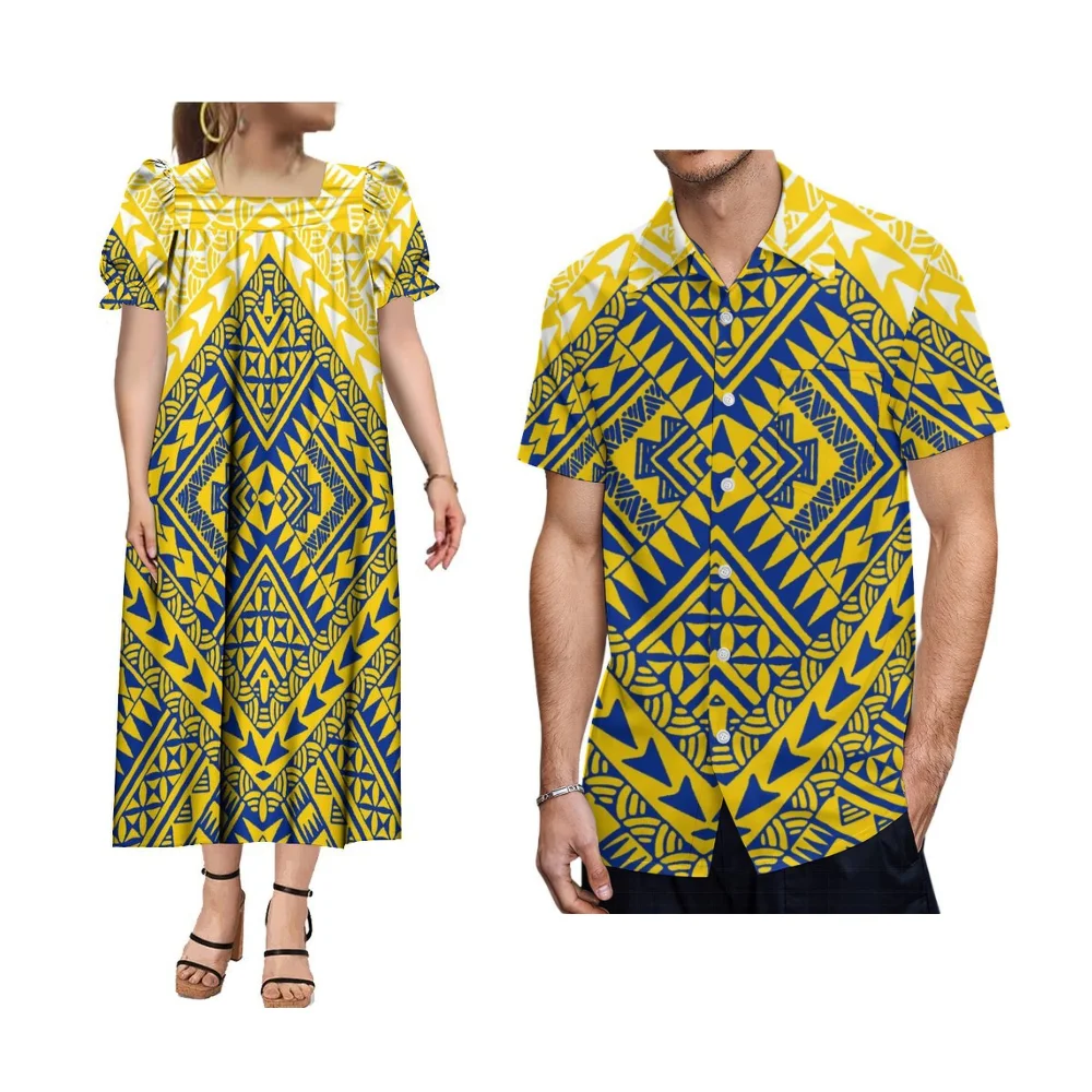Micronesia ilha floral impressão mumu feminino pescoço quadrado vestido polinésia camisa masculina casal conjunto elegante vestido de noite para festa