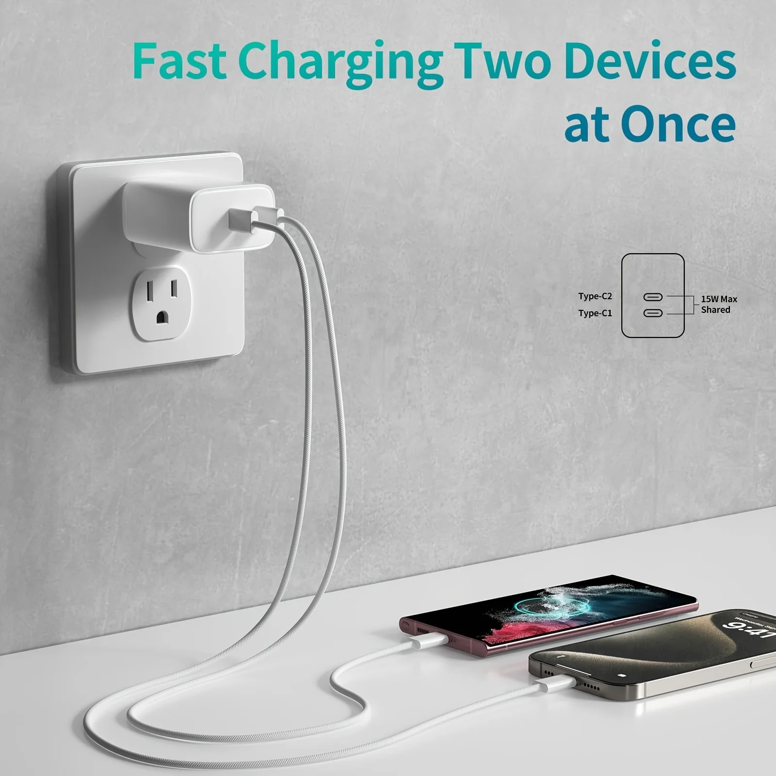 Blocco caricabatterie rapido PD20W adattatore di alimentazione Dual Type C Port Cube per iPhone serie 15 (2Pack 6ft USB-C a C cavi di ricarica inclusi)