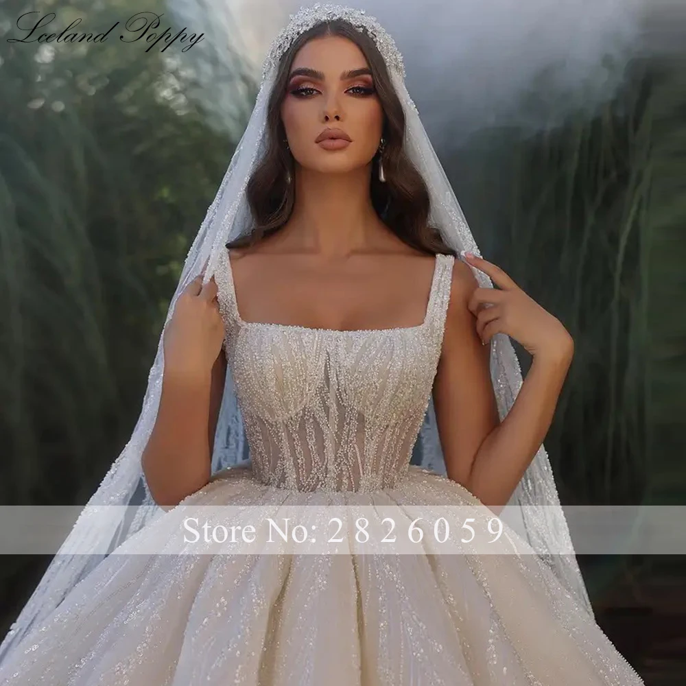 Lceland Poppy Customized Ball Gown Square Neck Wedding Dresses Sleeveless Beaded Bridal Gowns with Chapel Train (NO Veil)