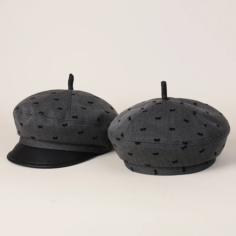 

Grey Bow Polka Dot Newsboy Hat for Women in Autumn and Winter Niche Design Beret