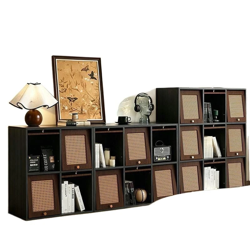 Solid wood bookcase living room free combination balcony bedroom rattan cabinet side cabinet storage bookshelf
