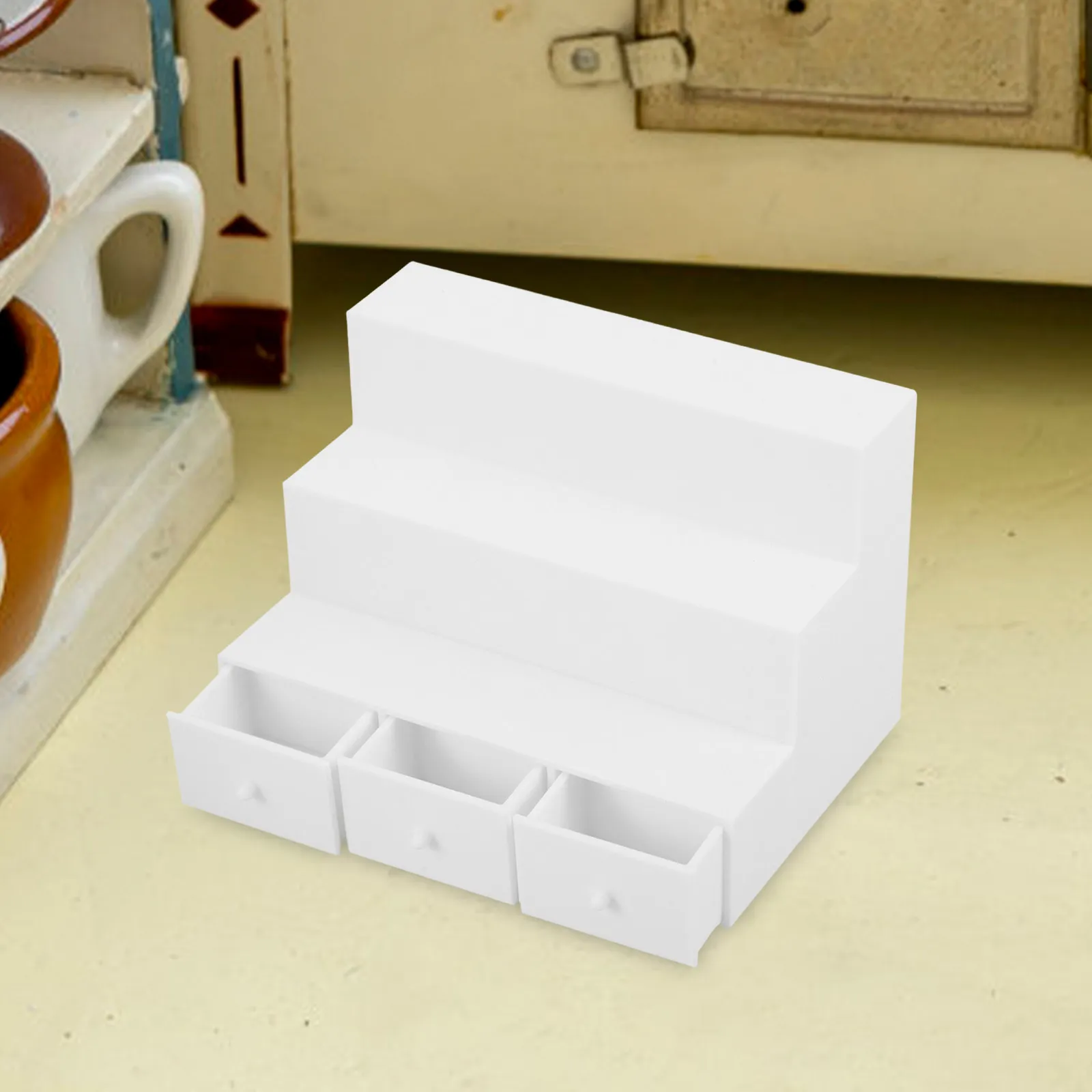 

1:12 Scale White Stepped Mini Dollhouse Cabinet Unique Design Exquisite Craftsmanship For Living Room Kitchen Photo Prop Mini
