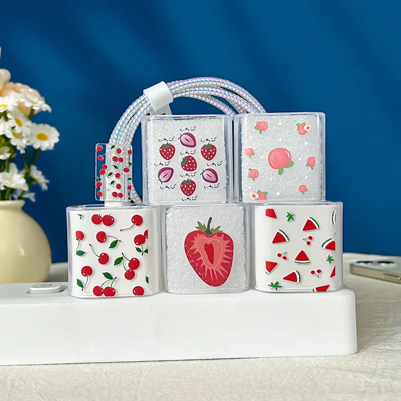 5Pcs Strawberry Watermelon Cherry Cable Protector Fruit Pattern USB Data Cable Winder Charger Protective Cover Phone Accessories