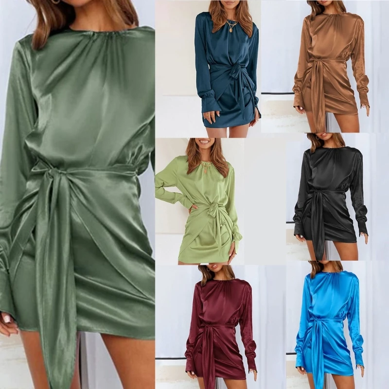 Women Satin Long Sleeve Ruched Crew Neck Solid Color Tie Waist Slim Short Dress