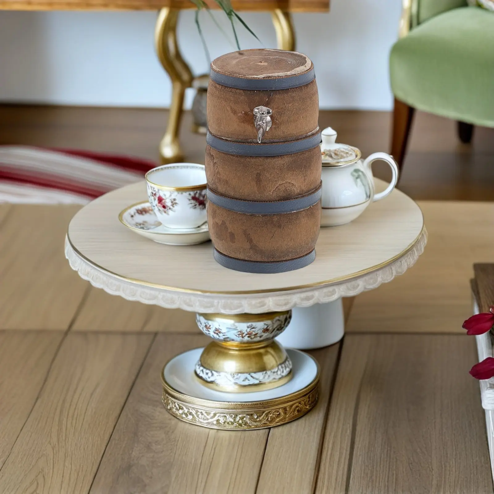 

2Sets Miniature Wine Cellar Decoration Vintage Wooden Beer Barrel Faucet Wine Glass Mini Bar Drink Accessories Miniature