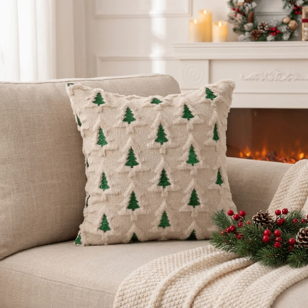 Festive 3D Colorful Christmas Tree Throw Pillow Covers Embroidered Soft Cushion Covers Vintage Cozy Pillow Case Holiday