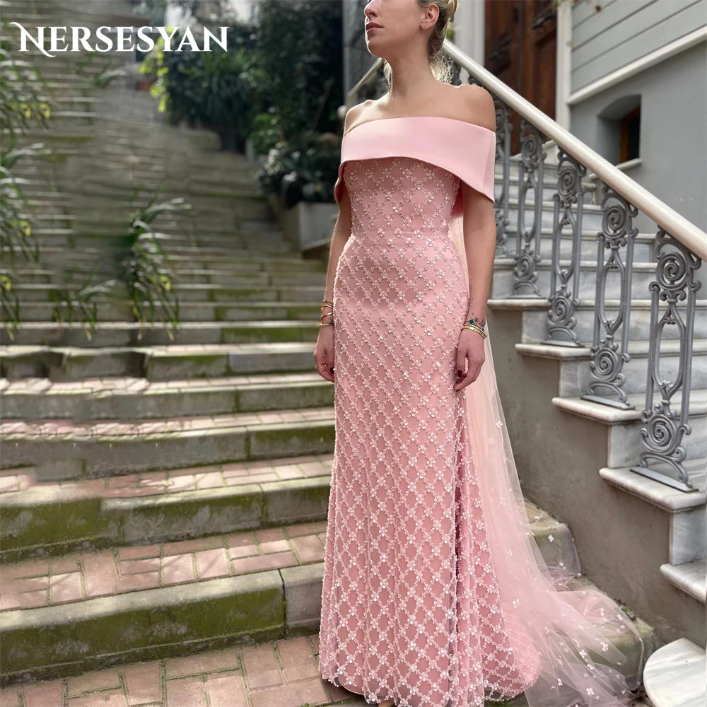 

Nersesyan Pink Glitter Lace Mermaid Evening Dresses Pleats Off Shoulder Beading Spakly Prom Dress Backless Pageant Party Gowns