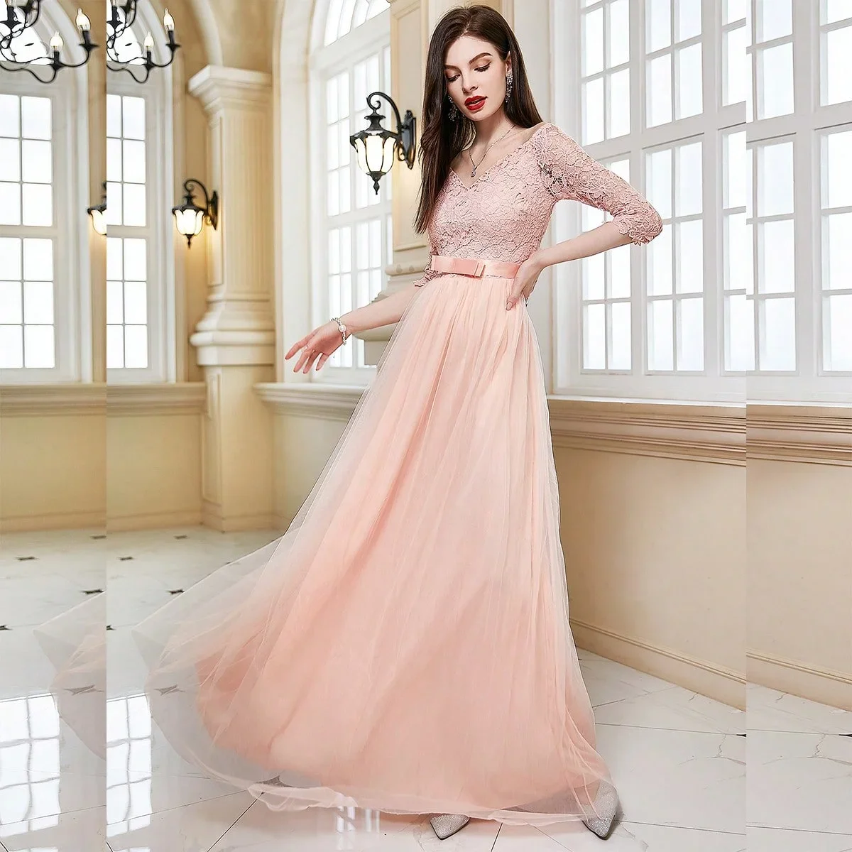 クラシックファッションピンクレースチュールブライドメイドドレスエレガントなウェディングパーティーゲストローブブライダルシスターグループウエディングドレスボールガウン