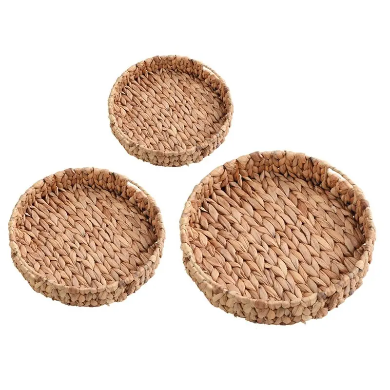 A01F-Decorative Round Basket Tray Fruit Vegetable Storage Tray Woven Grass Weave Baskets Serving Trays