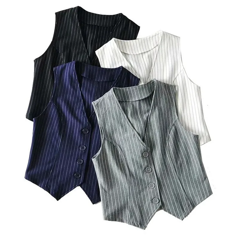 Vrouwen Streep Vest Pak Vest Vest Dames V-hals Carrière Crop Tops Kantoor Formele Werkkleding Elegante Ol Bovenkleding Fall Mujer
