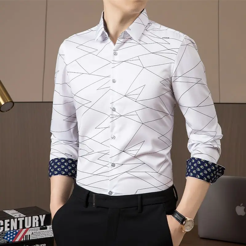 Smart Casual Gentleman Simplicity Fashion Comfort Ventilate Line Long Sleeves Design Men's Ice Silk Shirt Spring Autumn 2024