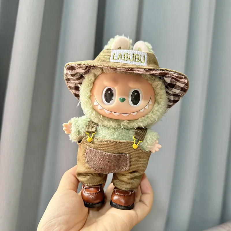 Cute Green Bib Pants with Hat Mini Plush Doll'S Clothes Outfit For Korea Kpop Exo Labubu I II Idol Dolls Sitting Party Clothing