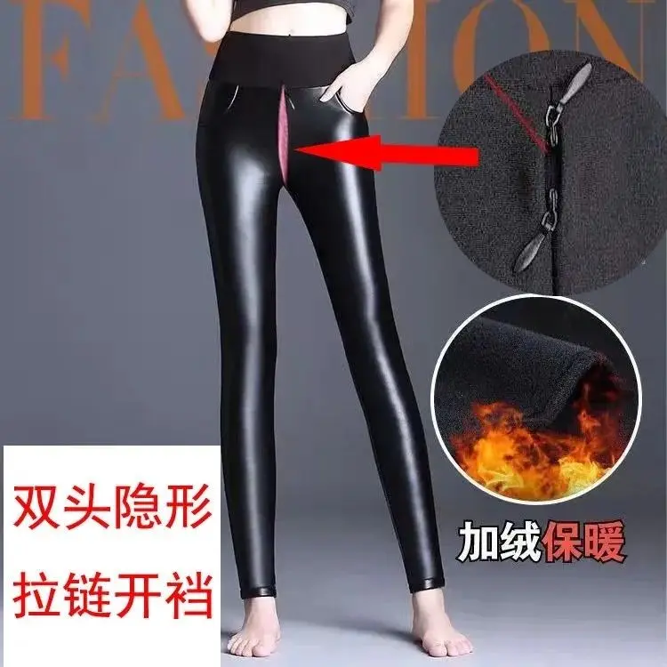 

Autumn Winter Extended Zipper PU Leather Women Leggings Plus Size High Waist Black Trousers