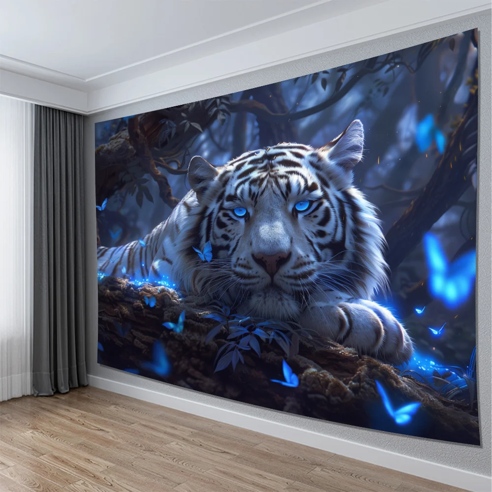 VIKAMA Fantasy Forest White Tiger Tapestry Butterfly Living Room Sofa Natural Style Children's Room Story Wall