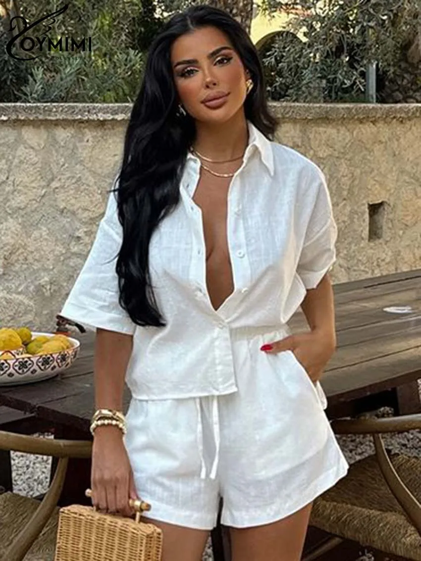 Oymimi Fashion White Cotton Two Piece Set For Women Elegant Half Sleeve Button Shirts And Drawstring Pockets Shorts Female Sets