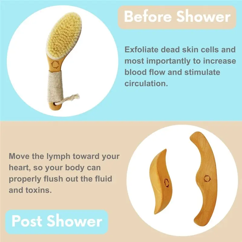 Vegan Dry Brush For Lymphatic Drainage-Body Brush With Contoured Non-Slip Handle+ Wood Therapy Massage Tools