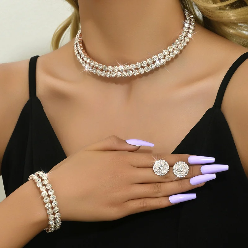 

Bridal Set Double Layer Necklace Bracelet Earrings Three-Piece Set Collarbone Choker Full Rhinestone Light Luxury Jewelry Access