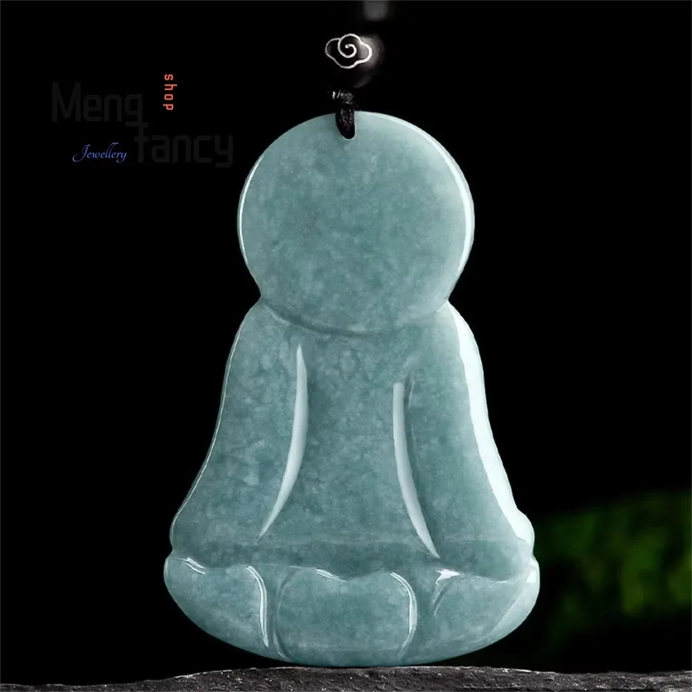 Natural A-goods Jadeite Blue Water Buddha Amitabha Pendant Superior Quality Exquisite Handicraft Fashion Jewelry Buddhist Amulet