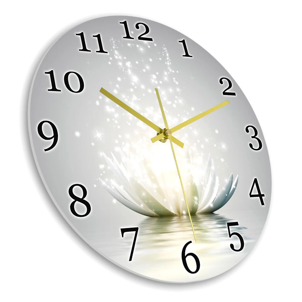 Calming White Lotus Flower Wall Clock Sparkling Water Lily Zen Silent Clock for Yoga Room Meditation Space Relaxing Home Decor