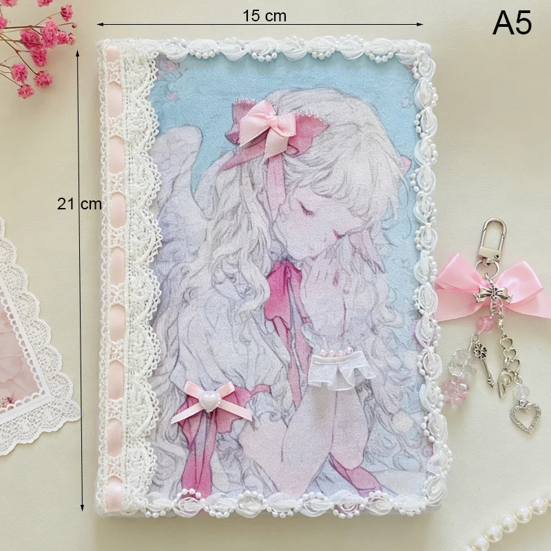 A5 Kawaii Plush Lace Journal Cute Angel Aesthetic Notebook 96 Pages Soft Girl Fabric Diary with Charm Gift for Her