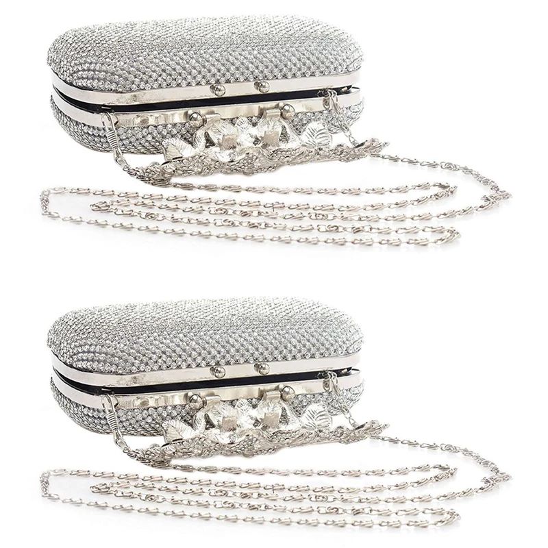 

NEW-2X Unique Clasp Silver Diamante Crystal Diamond Evening Bag Clutch Purse Party Bridal Prom