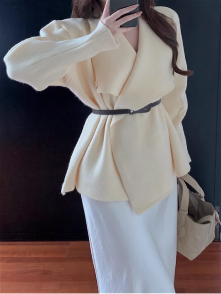

New Fall Black Beige Knitted 2 Piece Dress Suits Elegant 2pc Large Lapel Long Sleeve Sweater Cardigan+Slim Satin Long Skirt Sets