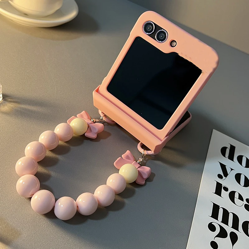 For Motorola Moto Razr 50 60 40 Ultra 60Pro Razr Plus 2023 2024 2025 Luxury Pink Bow Beads Bracelet Chain Portable Phone Case