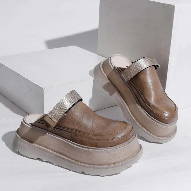 Birkuir Closed Toe Flat Platform Sandals For Women Thick Heel Soft Hook Loop Back Strap Sandals Genuine Leather Elegant Shoes