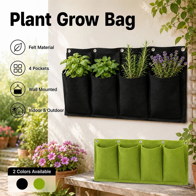 4 Pocket Felt Hanging Grow Bag Breathable Wall Railing Planter Pouch For Herb Vegetable Flower Balcony Gardening Container