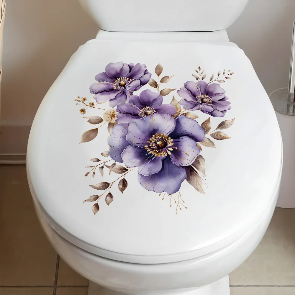 Purple Flowers Decorative WC Toilet Cover Wall Sticker For Toilet Decoration Bathroom Decoration Adhesive Wallpaper Wall Decor