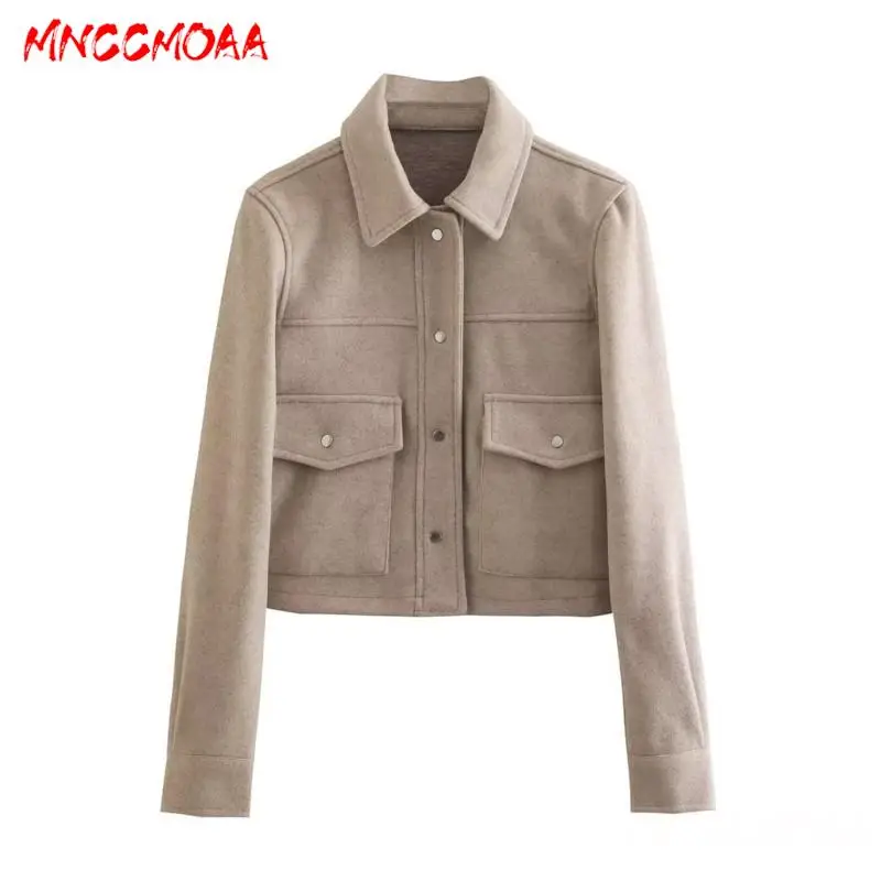 MNCCMOAA-Women's Single-Breasted Short Jacket with Pockets, Female Coat, Casual Long Sleeve Tops, Outerwear, Fashion, 2024